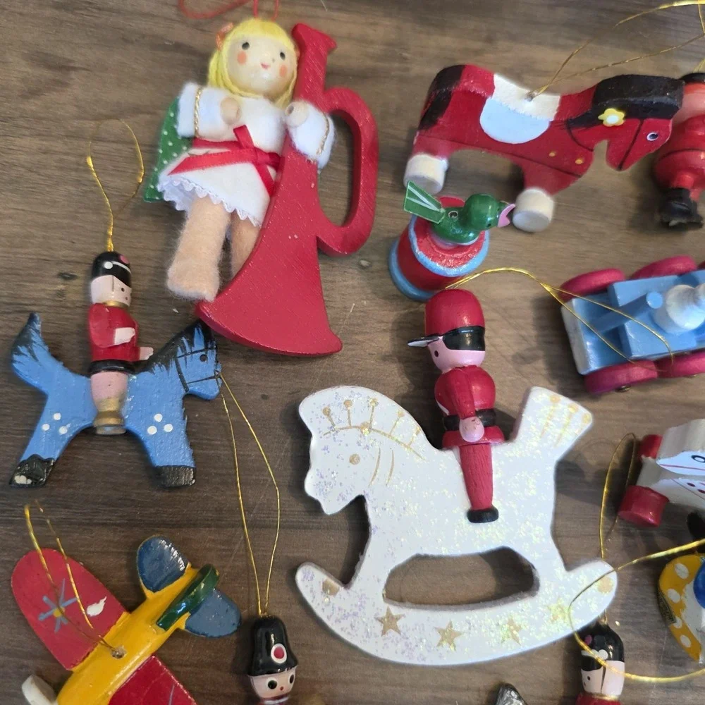 Wooden Christmas Tree Ornaments Lot of 14 Angel Train Toy Soldiers Sleigh Horses